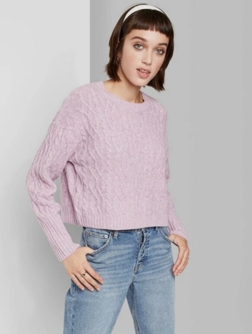 wild fable |  Crewneck Cropped Cable Sweater Lavender
